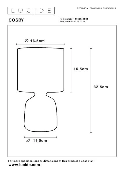 Lucide COSBY - Lampe de table - Ø 16,5 cm - 1xE14 - Blanc - technique